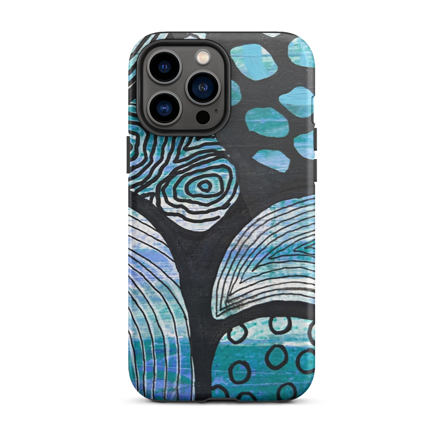 Iphone 13 Pro Max Phone case featuring beautiful black, blue and white Aboriginal Artwork. Rear View.