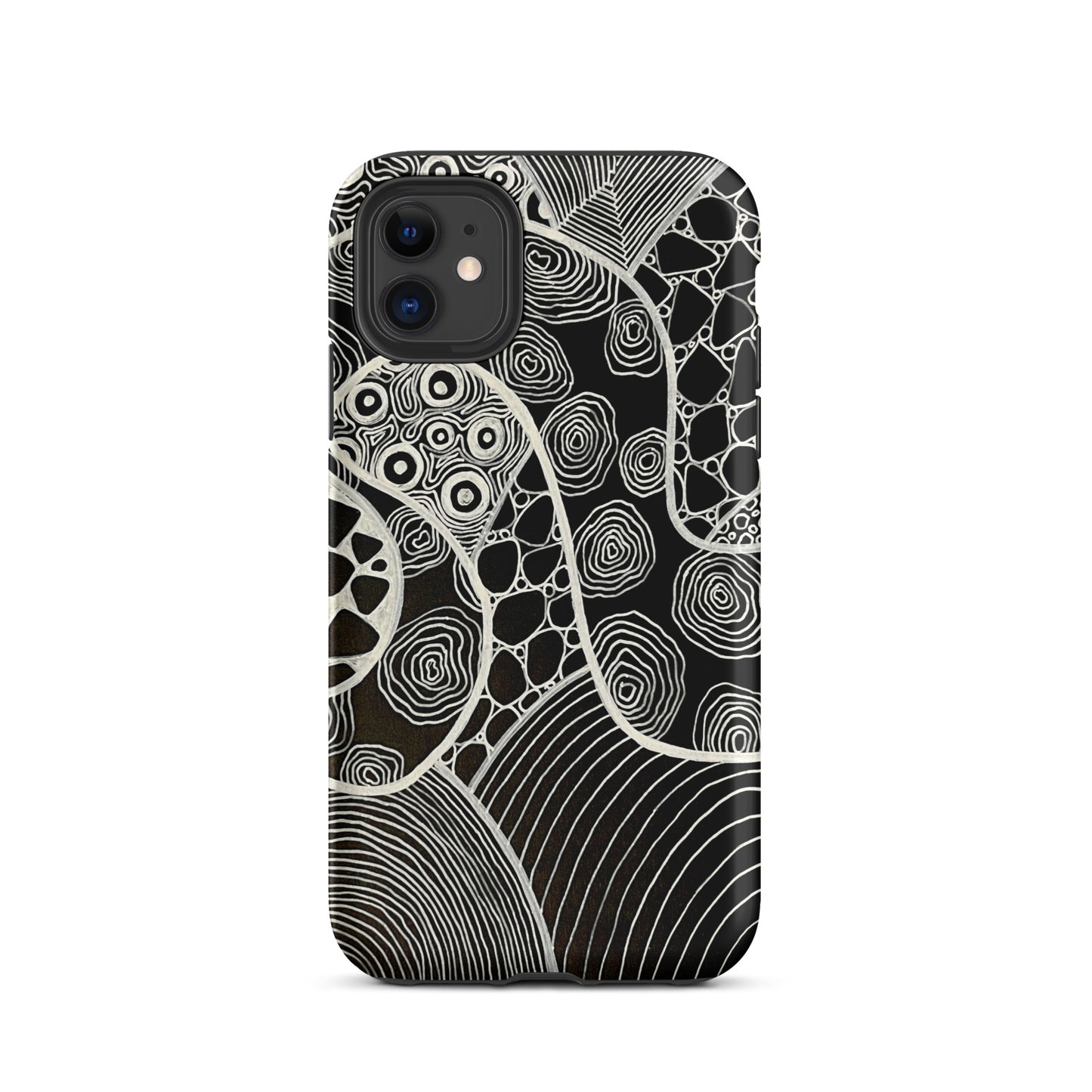 Iphone 11 Featuring beautifully designed Aboriginal artwork in black and white from the My Journey Series. Front View.