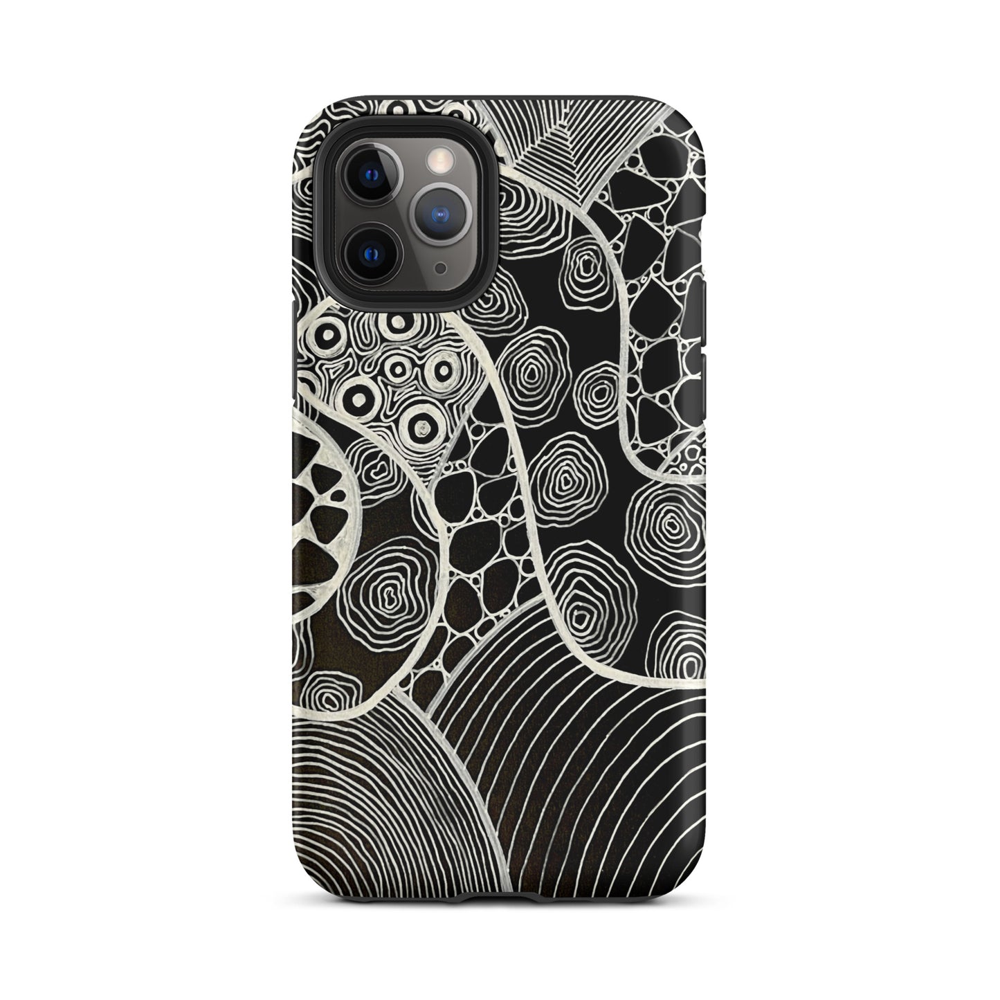 Iphone 11 Pro Featuring beautifully designed Aboriginal artwork in black and white from the My Journey Series. Front View.