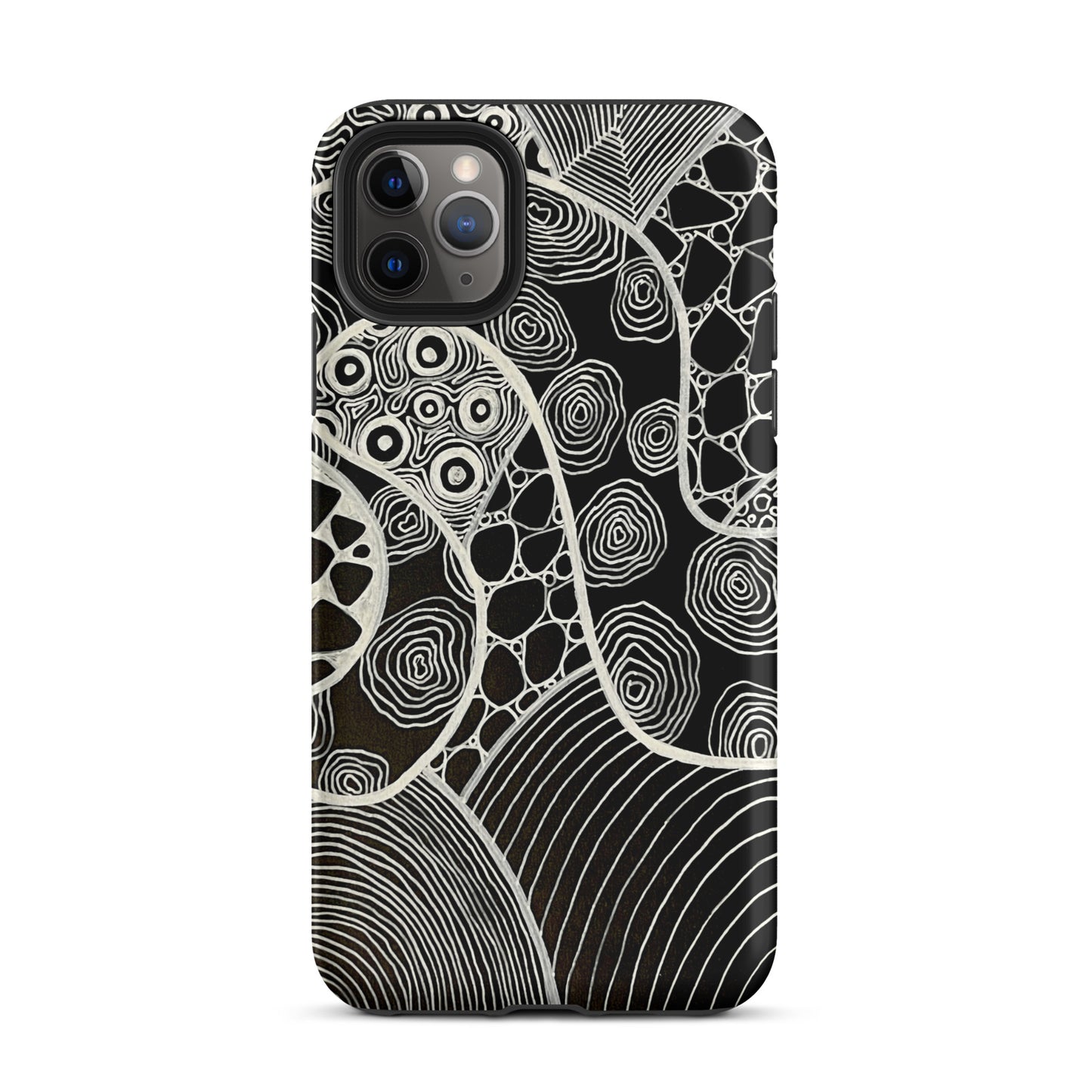 Iphone 11 Pro Max Featuring beautifully designed Aboriginal artwork in black and white from the My Journey Series. Front View.