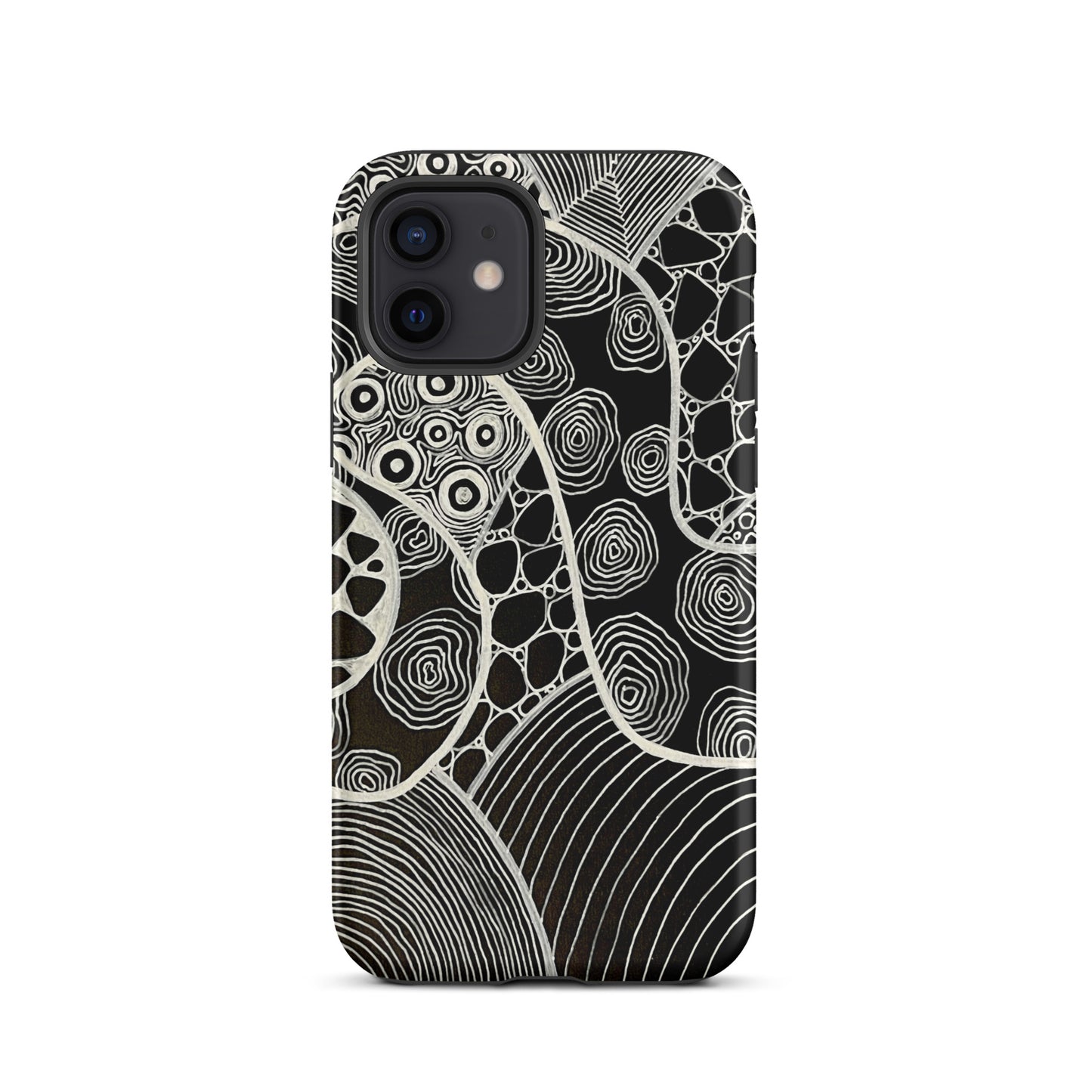 iPhone 12 Featuring beautifully designed Aboriginal artwork in black and white from the My Journey Series. Front View.