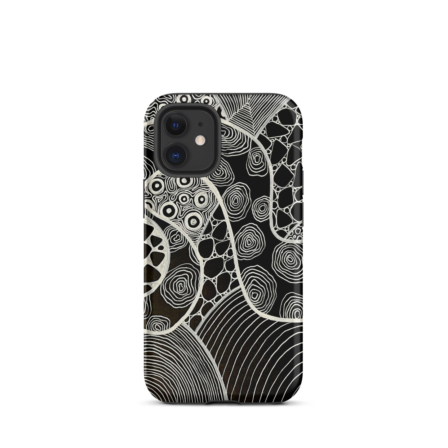 Iphone 12 Mini Featuring beautifully designed Aboriginal artwork in black and white from the My Journey Series. Front View.