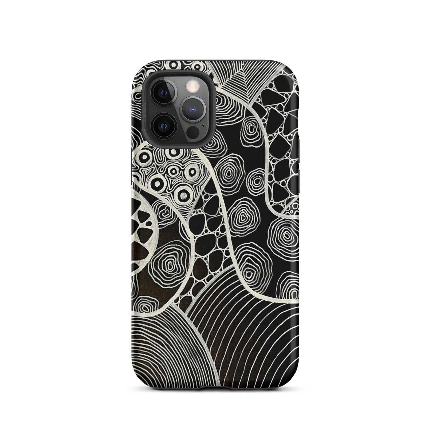 Iphone 12 Pro Featuring beautifully designed Aboriginal artwork in black and white from the My Journey Series. Front View.