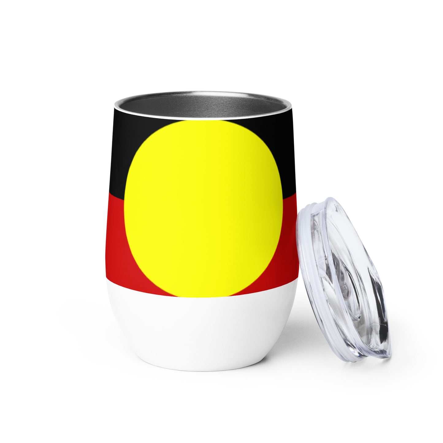 Stainless Steel; wine tumbler in white. Featuring Large Aboriginal flag. Front View.