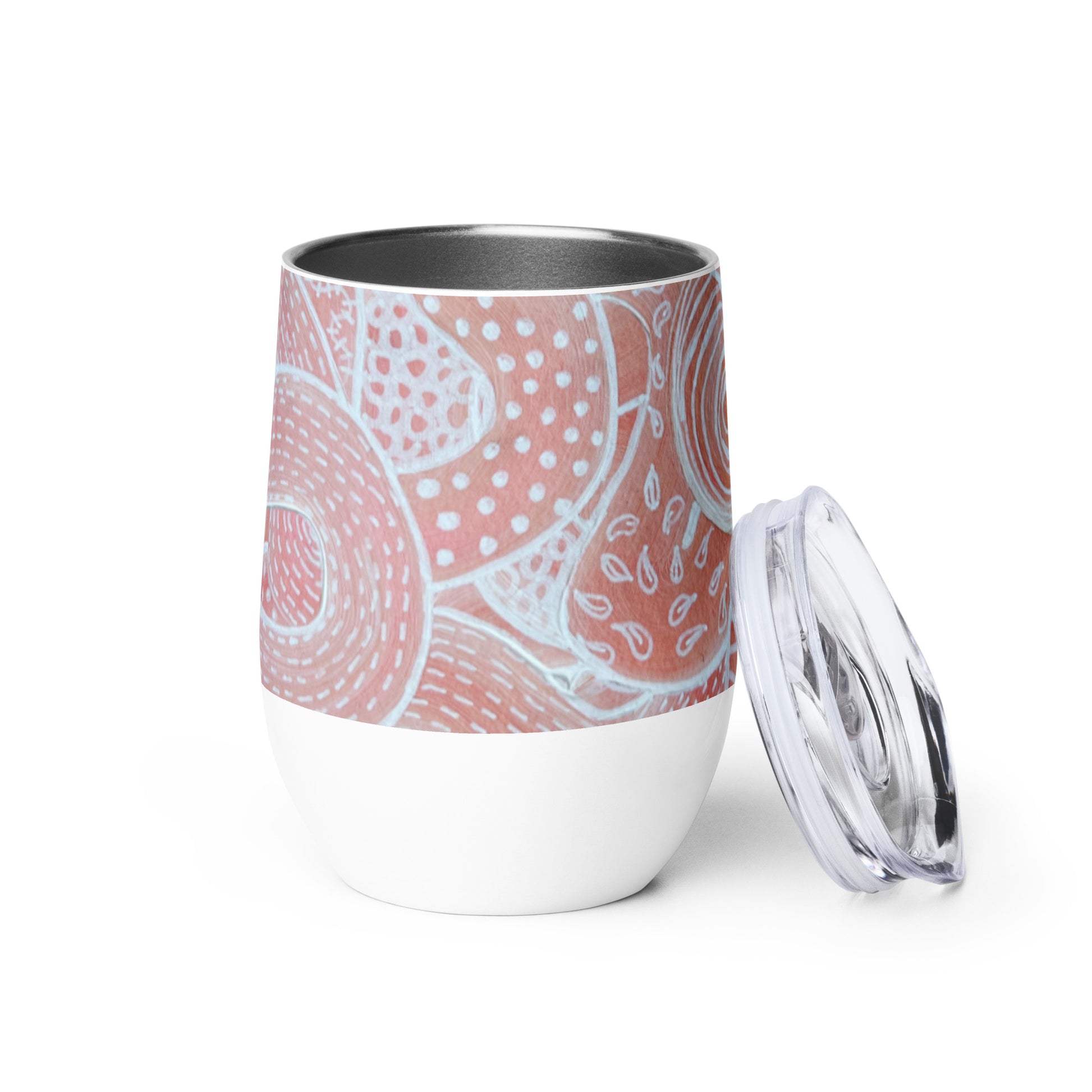 Stainless Steel; wine tumbler in white. Featuring beautifully designed Aboriginal artwork from the Dreaming Series in Pink and White. Front View.