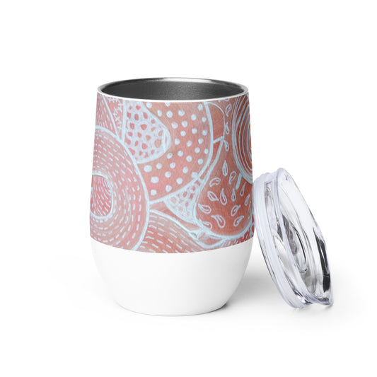 Stainless Steel; wine tumbler in white. Featuring beautifully designed Aboriginal artwork from the Dreaming Series in Pink and White. Front View.