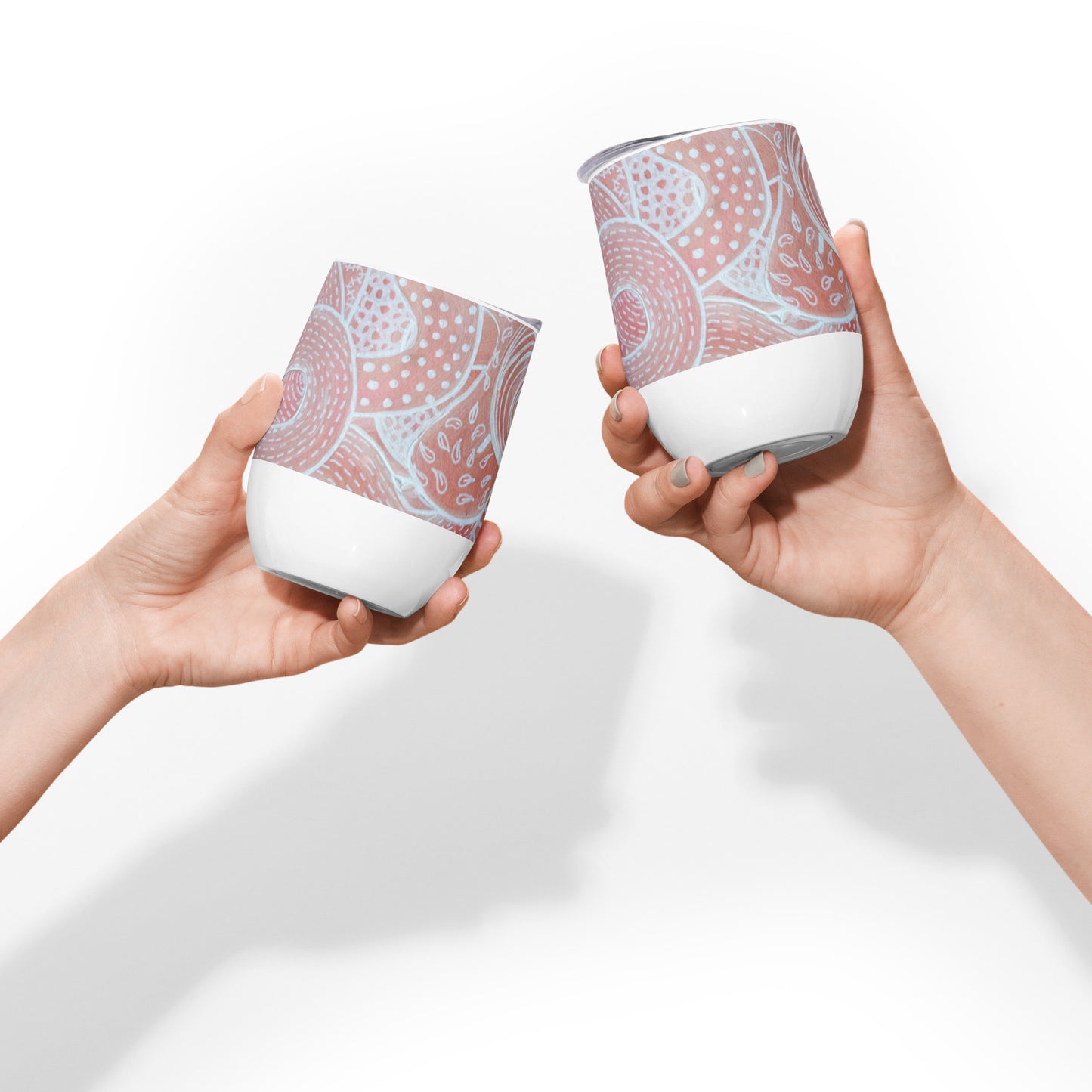 Stainless Steel wine tumbler in white. Featuring beautifully designed Aboriginal artwork from the Dreaming Series in Pink and White. Front View. Two tumblers being posed together in cheers motion.