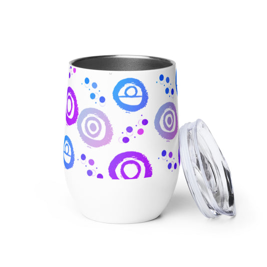 Wine tumbler in white with lid, featuring Blue, pink and Purple petroglyph designs. Front View.