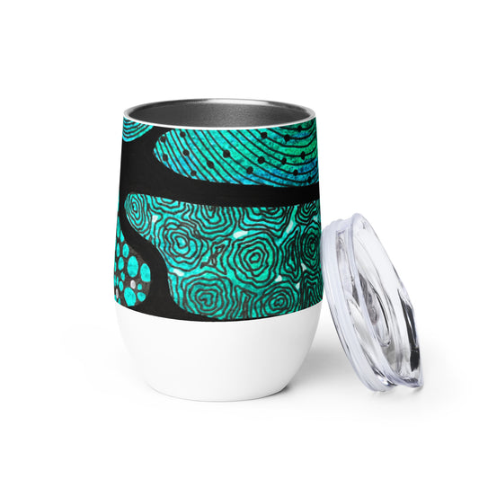 Wine tumbler in White with lid  featuring beautiful black, green and white Aboriginal Artwork. Front View.