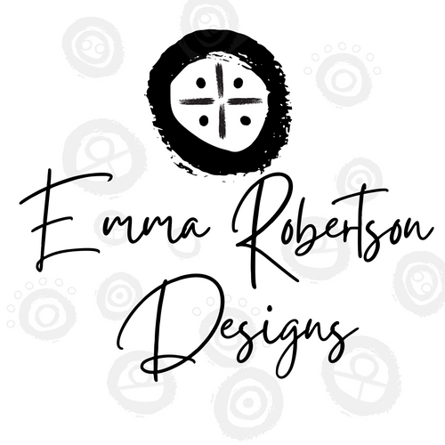 Emma Robertson Designs Logo in Black and white and featuring petroglyph inspired designs.