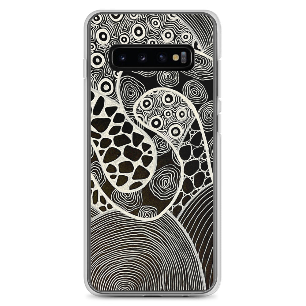 Samsung s10 Case Featuring beautifully designed Aboriginal artwork in black and white from the My Journey Series. Front View.
