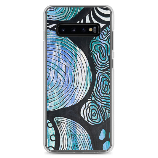 Samsung s10 Case Featuring beautifully designed Aboriginal artwork in black and white from the Salt Water Collection in blue, black, white and green. Front View.