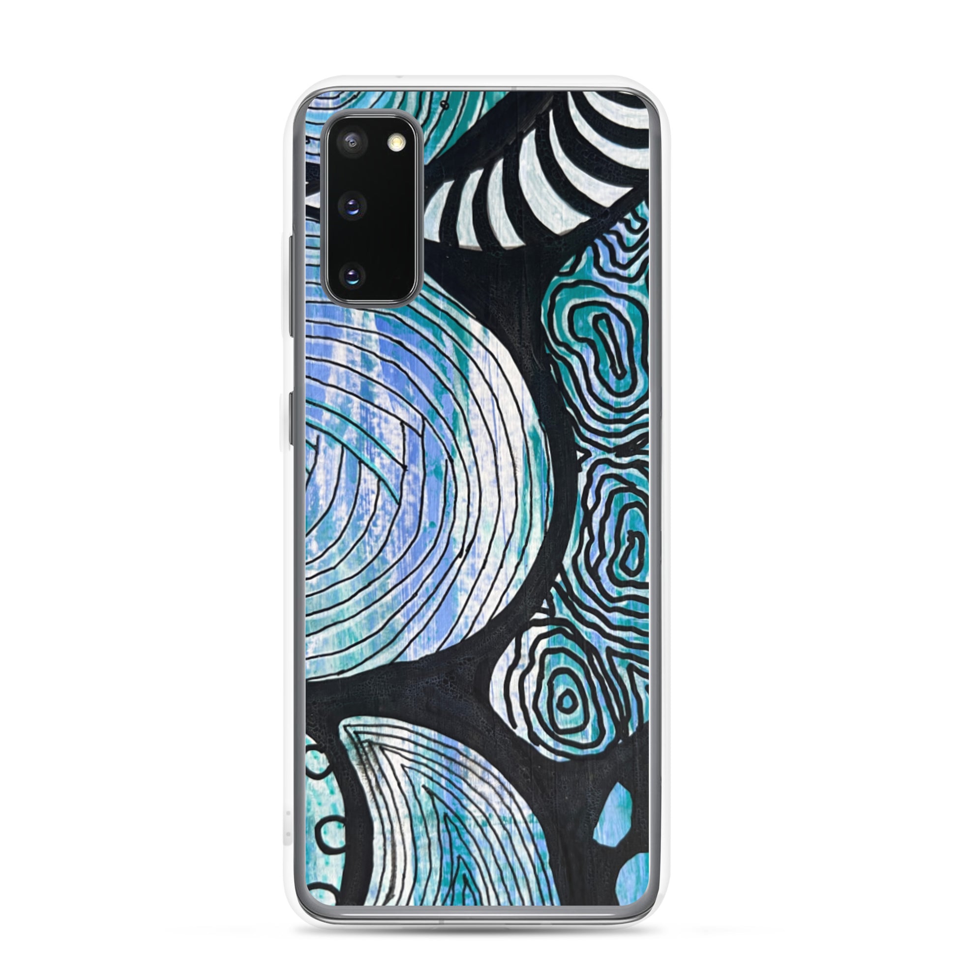 Samsung s20 Case Featuring beautifully designed Aboriginal artwork in black and white from the Salt Water Collection in blue, black, white and green. Front View.
