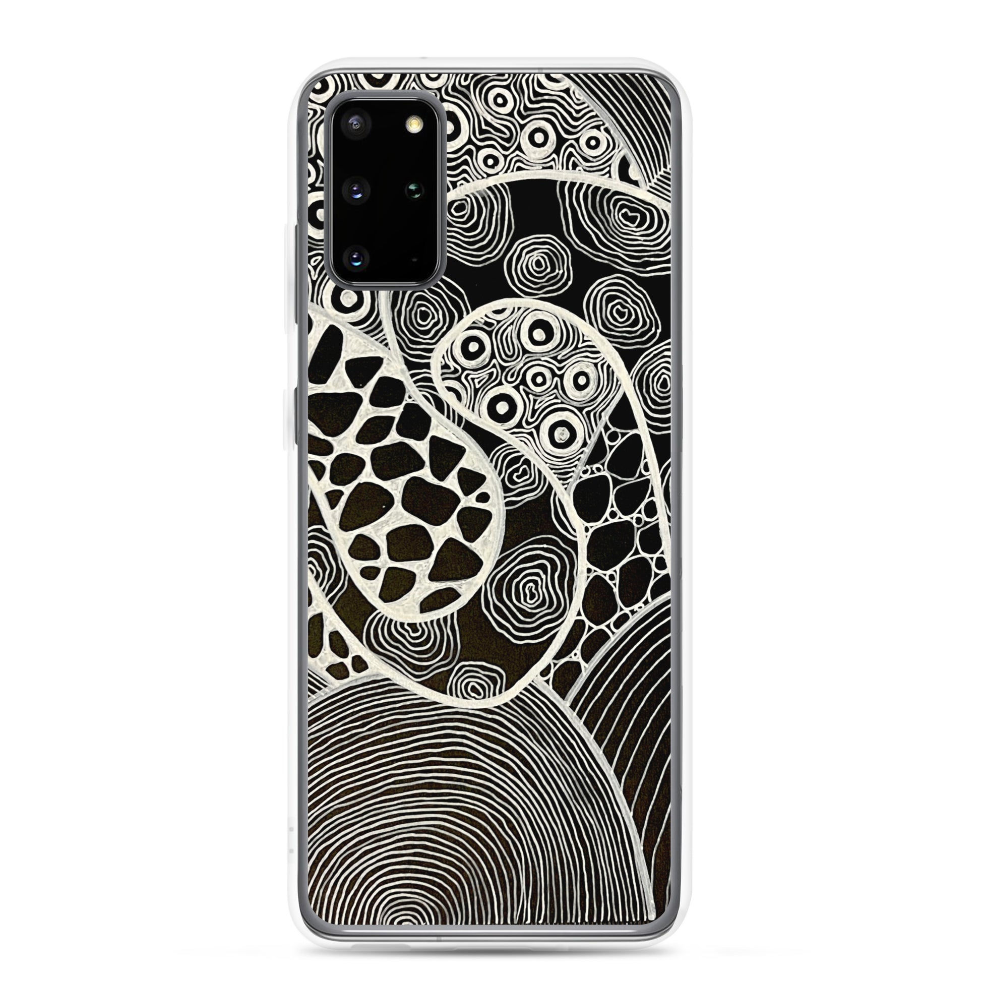 Samsung s20 Plus Case Featuring beautifully designed Aboriginal artwork in black and white from the My Journey Series. Front View.